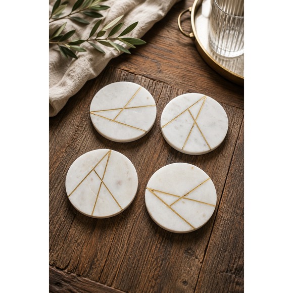 Other - White Marble Coasters Set of 4 Gold Brass Inlay Modern Luxe Home Decor Layering